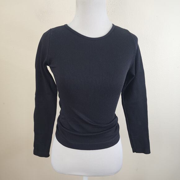 AURA Women's Black Long Sleeve Ribbed Crop Shirt Size Small Stretch - Picture 1 of 5